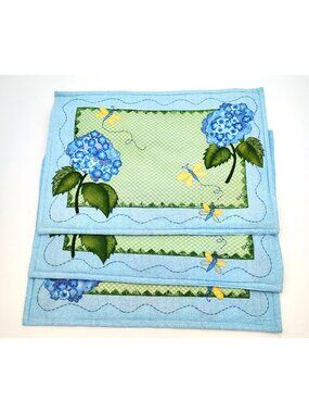 HCL Blue Hydrangea Placemats Set Dragonfly Floral 18x13 Cotton Set of 3